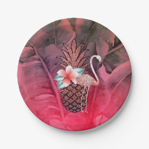 Roze Tropische Glitter Ananas Luau Feest Papieren Bordje
