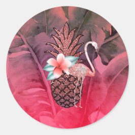 Roze Tropische Glitter Ananas Luau Feest Ronde Sticker