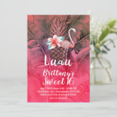 Roze Tropische Glitter Ananas Luau Sweet 16 Kaart (Staand voorkant)