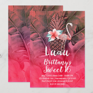 Roze Tropische Glitter Ananas Luau Sweet 16 Kaart