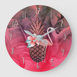 Roze Tropische Glitter Ananas Palm Bladeren Chic Grote Klok