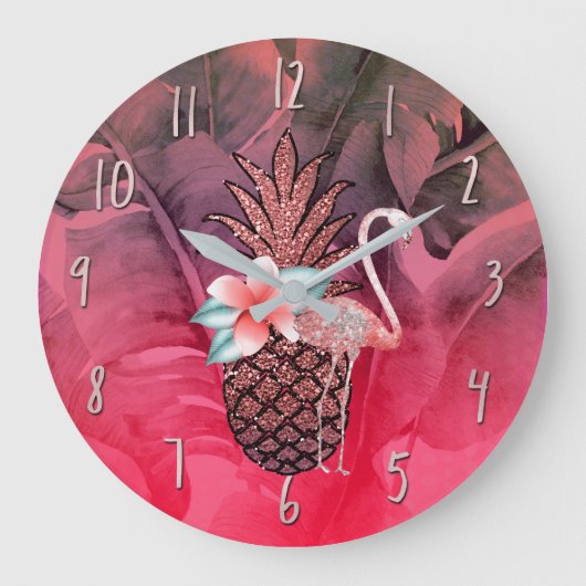 Roze Tropische Glitter Ananas Palm Bladeren Chic Grote Klok (Voorkant)