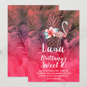 Roze tropische glitter Pineapple Luau Sweet 16 Kaart