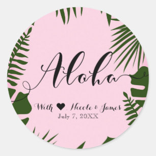 Roze Tropische Groene Bladeren Strand Bruiloft ALO Ronde Sticker