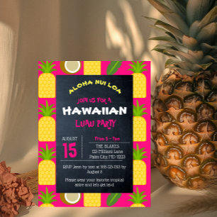 Roze Tropische Hawaiiaanse Luau Party Uitnodiging