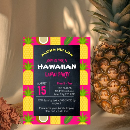Roze Tropische Hawaiiaanse Luau Party Uitnodiging