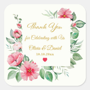 Roze Tropische Hibiscus Bloemen & Dank U Trouwfees Vierkante Sticker