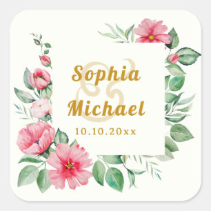 Roze Tropische Hibiscus Bloemen en Weelderig Groen Vierkante Sticker