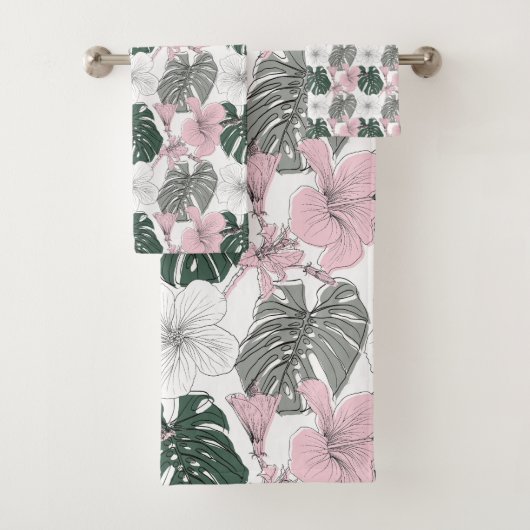 Roze Tropische Hibiscus en Groene Monstera bladere Bad Handdoek (Insitu)