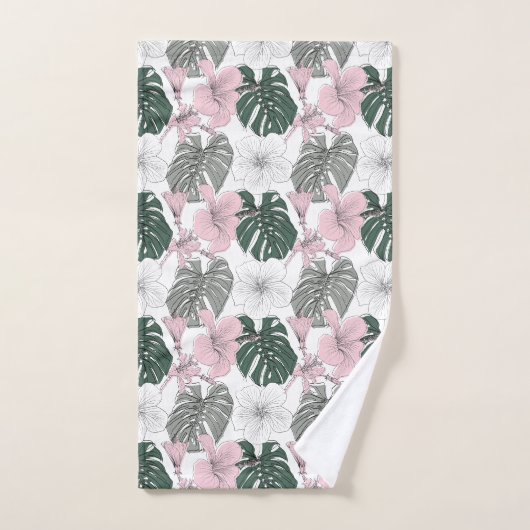 Roze Tropische Hibiscus en Groene Monstera bladere Bad Handdoek (Handdoek)