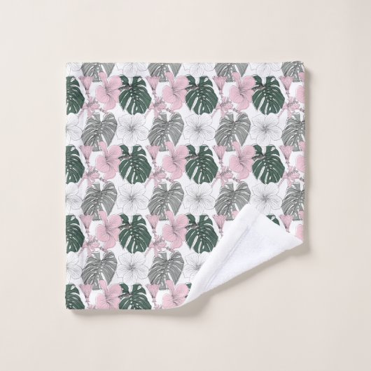 Roze Tropische Hibiscus en Groene Monstera bladere Bad Handdoek (Wasdoekje)
