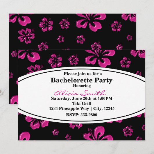 Roze tropische hibiscus Floral Black uitnodiging (Voorkant / Achterkant)
