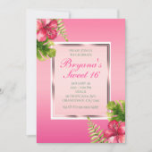 Roze Tropische Hibiscus & Leaves Party Invitations Kaart (Voorkant)