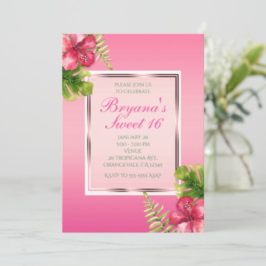 Roze Tropische Hibiscus & Leaves Party Invitations Kaart (Staand voorkant)