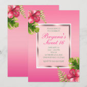 Roze Tropische Hibiscus & Leaves Party Invitations Kaart (Voorkant / Achterkant)