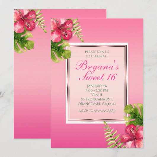 Roze Tropische Hibiscus & Leaves Party Invitations Kaart (Voorkant / Achterkant)
