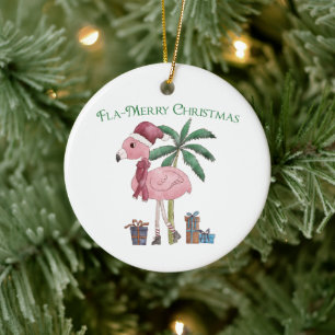 Roze Tropische Kerst Flamingo Keramisch Ornament
