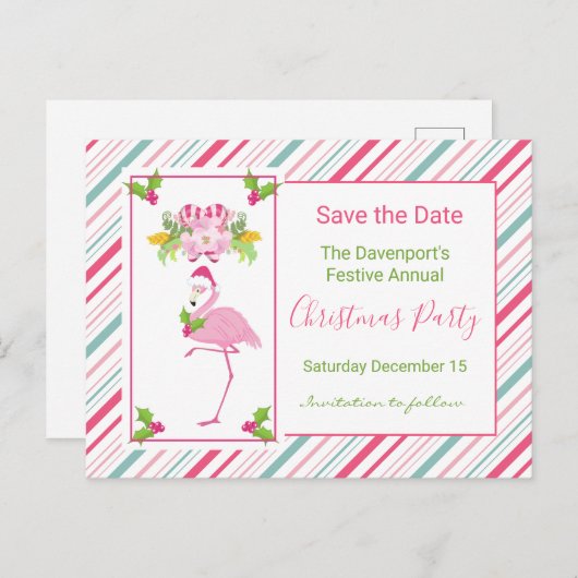 Roze Tropische Kerst Flamingo sparen de Datum Briefkaart (Voorkant / Achterkant)