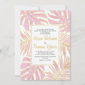 Roze tropische monstera en palmbladeren bruiloft kaart (Voorkant)