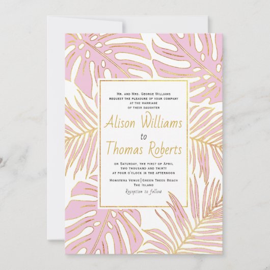 Roze tropische monstera en palmbladeren bruiloft kaart (Voorkant)