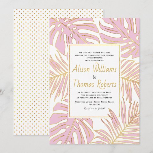 Roze tropische monstera en palmbladeren bruiloft kaart (Voorkant / Achterkant)