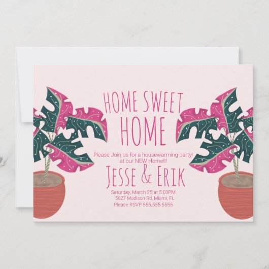 Roze Tropische Monstera Tree Housewarming Party Kaart (Voorkant)