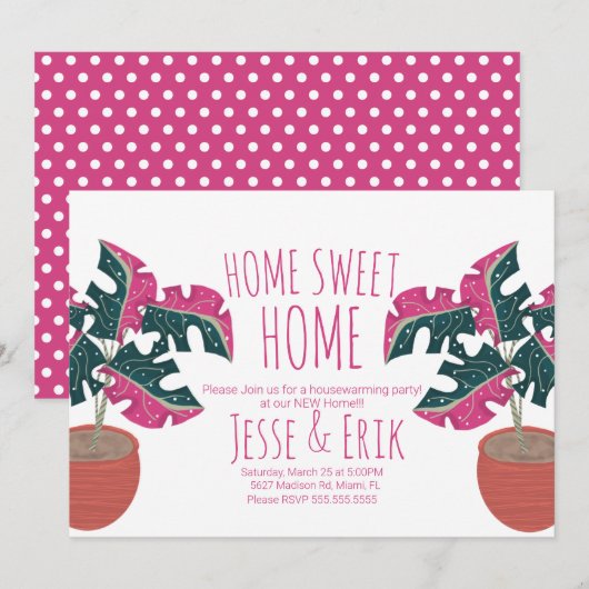 Roze Tropische Monstera Tree Housewarming Party Kaart (Voorkant / Achterkant)