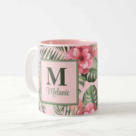 Roze Tropische Monsters en Flamingo Monogram Tweekleurige Koffiemok (Voorkant links)