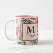 Roze Tropische Monsters en Flamingo Monogram Tweekleurige Koffiemok (Links)