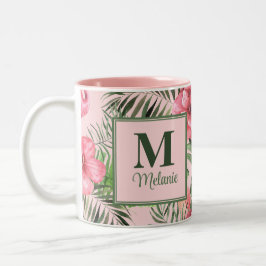 Roze Tropische Monsters en Flamingo Monogram Tweekleurige Koffiemok