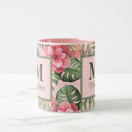 Roze Tropische Monsters en Flamingo Monogram Tweekleurige Koffiemok (Center)