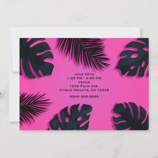 Roze Tropische Palm verlaat Luau Party Uitnodiging (Achterkant)