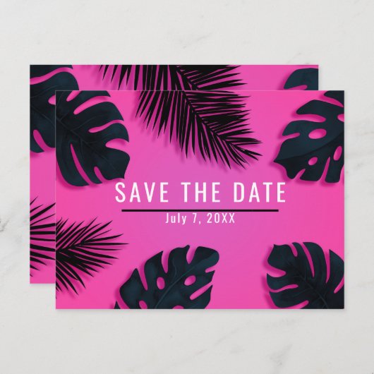 Roze Tropische Palmbladeren Feest Save the Date Aankondigingskaart (Voorkant / Achterkant)