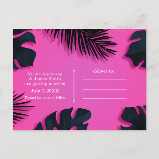 Roze Tropische Palmbladeren Feest Save the Date Aankondigingskaart (Achterkant)