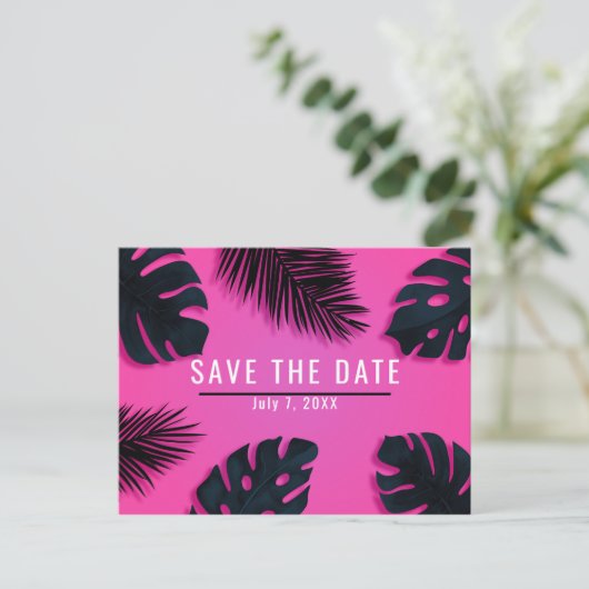 Roze Tropische Palmbladeren Feest Save the Date Aankondigingskaart