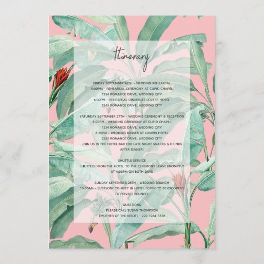 Roze tropische palmbladeren trouwroute programmakaart (Achterkant)