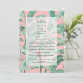 Roze tropische palmbladeren trouwroute programmakaart (Staand voorkant)