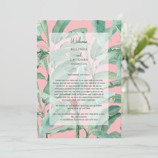 Roze tropische palmbladeren trouwroute programmakaart (Staand voorkant)