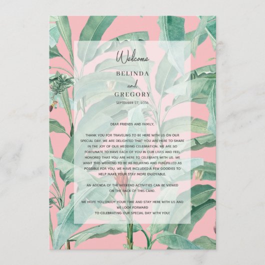 Roze tropische palmbladeren trouwroute programmakaart (Voorkant)