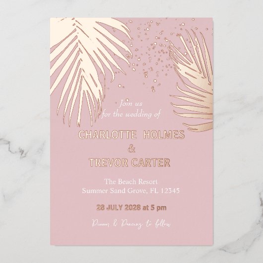 Roze Tropische Palmen Zomer Strand Bruiloft Goud Folie Uitnodiging (Voorkant)