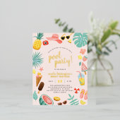 Roze | Tropische pool Watermeloen ananas Folie Uitnodiging Briefkaart (Staand Voorkant)