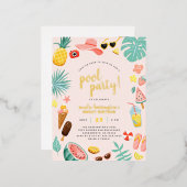 Roze | Tropische pool Watermeloen ananas Folie Uitnodiging Briefkaart (Voorkant / Achterkant)