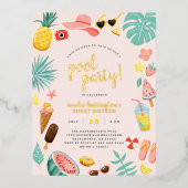 Roze | Tropische pool Watermeloen ananas Folie Uitnodiging Briefkaart (Voorkant)