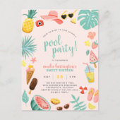 Roze | Tropische pool Watermeloen ananas Uitnodiging Briefkaart (Voorkant)