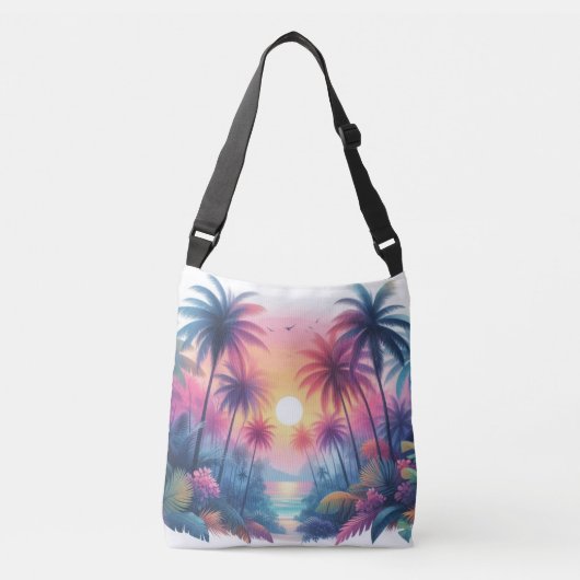 Roze tropische strand zonsondergang en palmbomen crossbody tas (Voorkant)