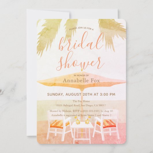 Roze tropische strandstoel bruidsfeest uitnodiging (Voorkant)