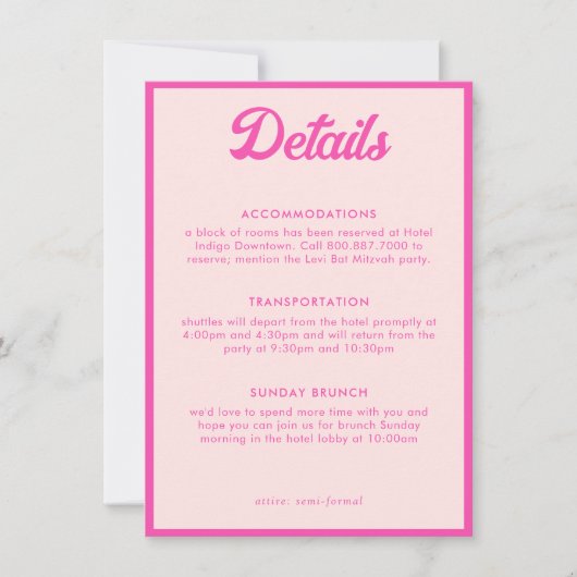 Roze Tropische Vleermuis Mitzvah Details Behuizing Kaart (Voorkant)