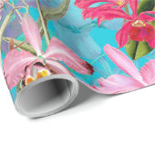 Roze tropische vogel en orchidee fluitpatroon cadeaupapier (Rol Hoek)
