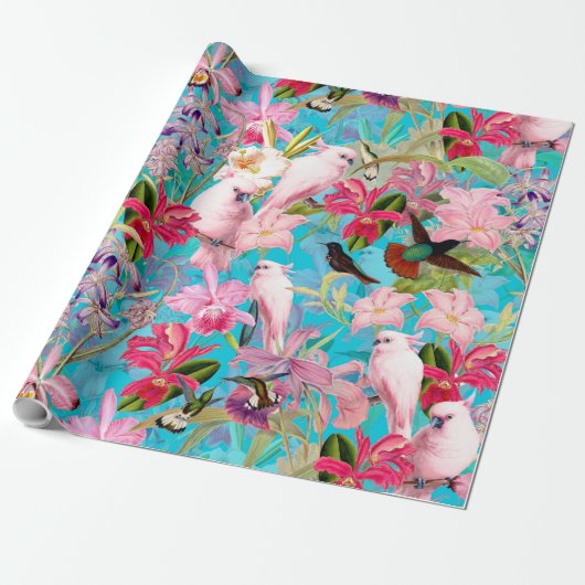 Roze tropische vogel en orchidee fluitpatroon cadeaupapier (Uitgerold)