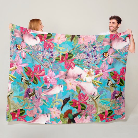 Roze tropische vogel en orchidee fluitpatroon fleece deken (In situ)